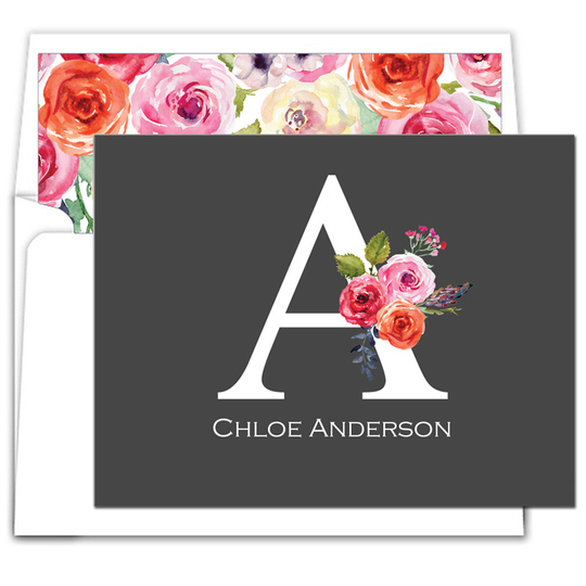 Charcoal Initial Rose Folded Note Cards